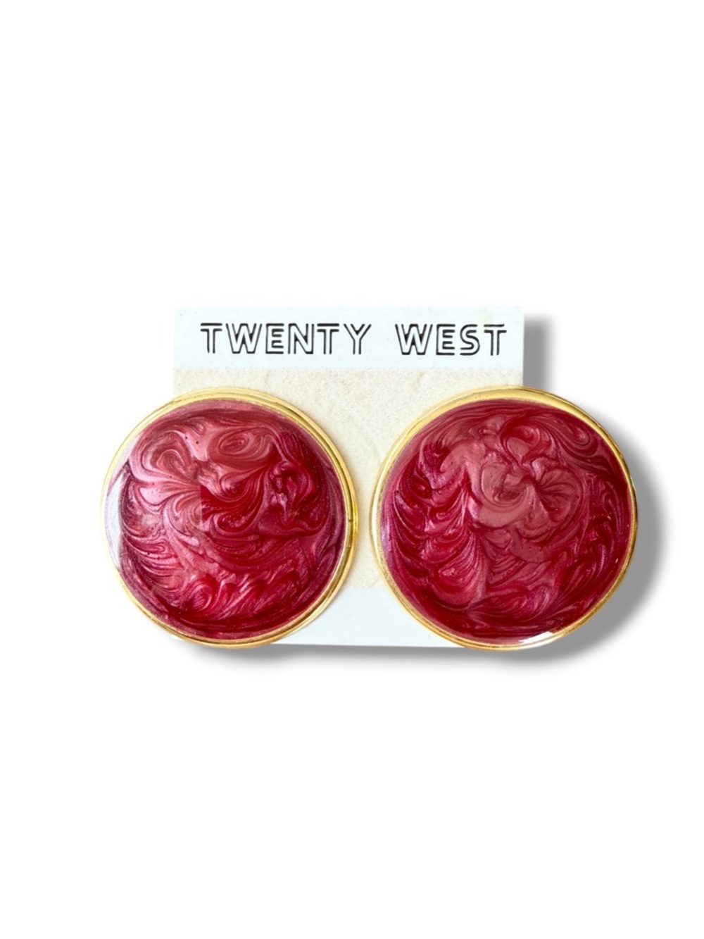 Vintage 80s Twenty West Red Enamel Swirl Statement Earrings Gold Tone NOS 1.5in